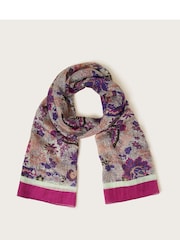 Monsoon Purple Elodie Floral Print Silk Scarf - Image 1 of 2