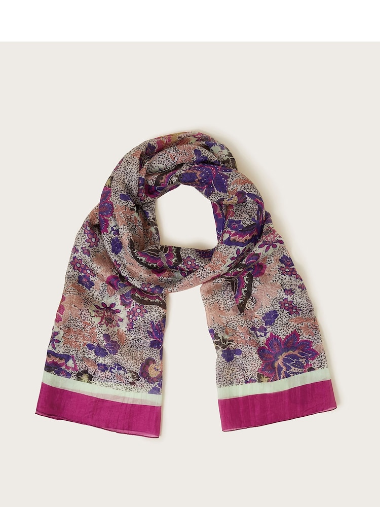 Monsoon Purple Elodie Floral Print Silk Scarf - Image 1 of 2
