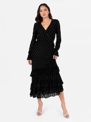 Lovedrobe Frill Hem Flock Tiered Midaxi Black Dress - Image 1 of 4