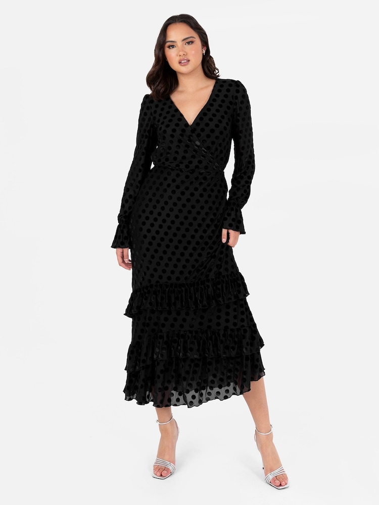 Lovedrobe Frill Hem Flock Tiered Midaxi Black Dress - Image 1 of 4