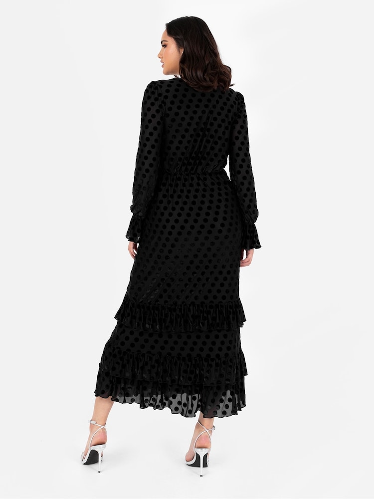 Lovedrobe Frill Hem Flock Tiered Midaxi Black Dress - Image 2 of 4