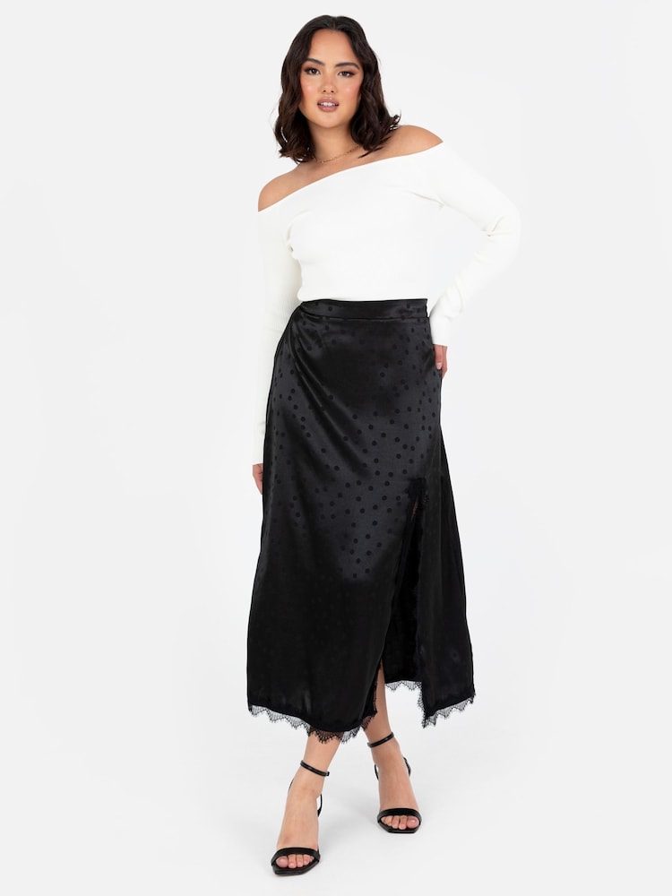 Lovedrobe Satin Lace Trim Split Hem Midaxi Black Skirt - Image 1 of 5