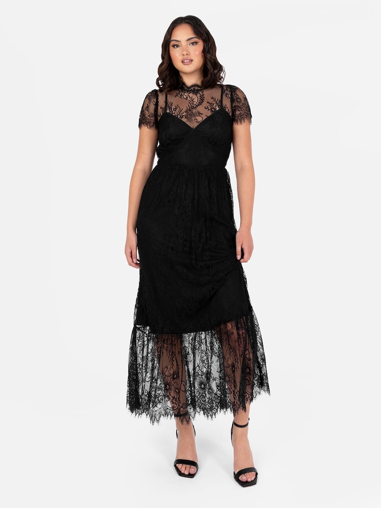 Lovedrobe Lace Tiered Hem Midaxi Black Dress - Image 1 of 4