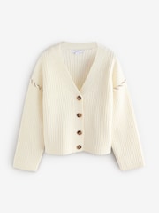 Bela Ecru - Contrast Stitch Button Up V-izrez; z V-izrezom pletena jopa - Slika 6 iz 8