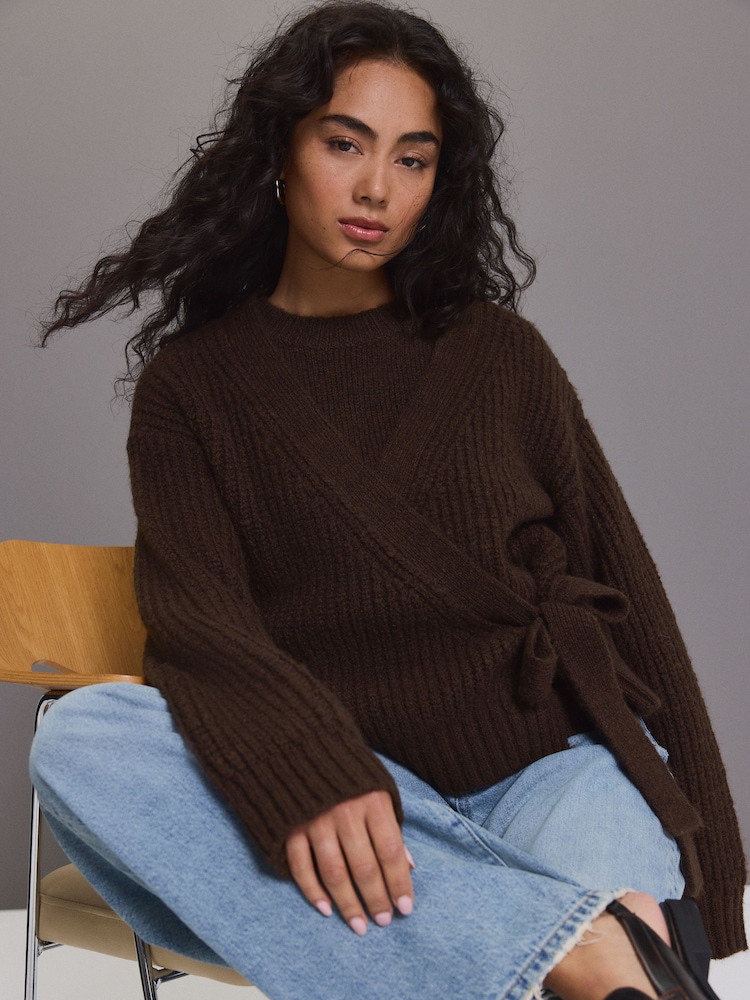 Brown Long Sleeve Deep V-Neck Wrap Cardigan with Wool - Image 1 of 1