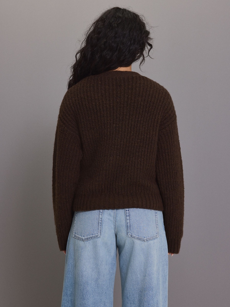 Brown Long Sleeve Deep V-Neck Wrap Cardigan with Wool - Image 2 of 8