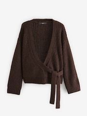 Brown Long Sleeve Deep V-Neck Wrap Cardigan with Wool - Image 6 of 8