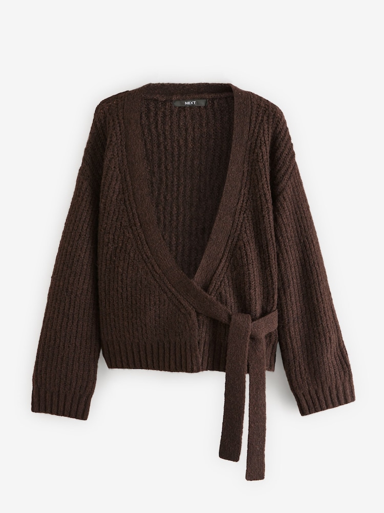 Buy Brown Long Sleeve Deep V-Neck Wrap Cardigan with Wool from the