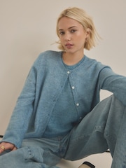 Blue Chambray Soft Touch Button Through Knitted Cardigan with Alpaca - Image 1 of 7