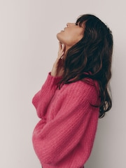 Pink Bright Gem Button Chunky Knitted Cardigan with Wool - Image 3 of 8