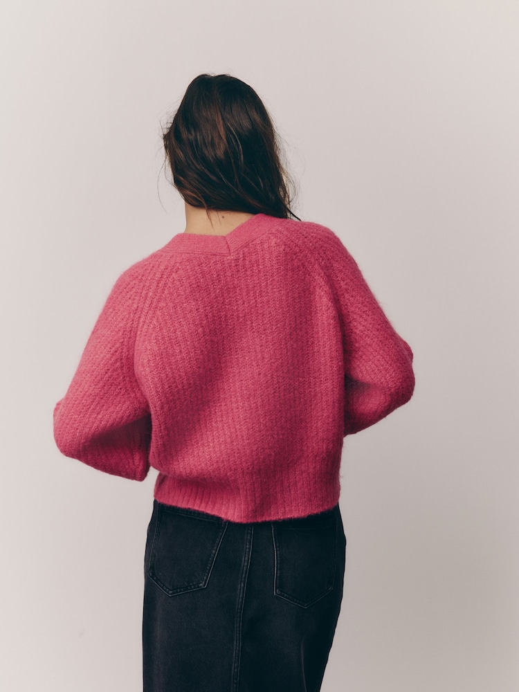 Pink Bright Gem Button Chunky Knitted Cardigan with Wool - Image 4 of 8