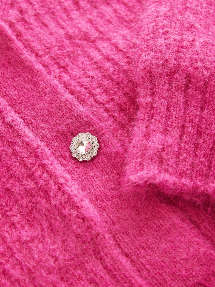 Pink Bright Gem Button Chunky Knitted Cardigan with Wool - Image 7 of 8