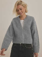 Grey Rib Knitted Zip Through Cardigan Bomber Jacket with Wool - Image 1 of 7