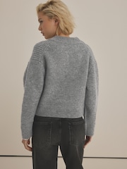 Grey Rib Knitted Zip Through Cardigan Bomber Jacket with Wool - Image 2 of 7