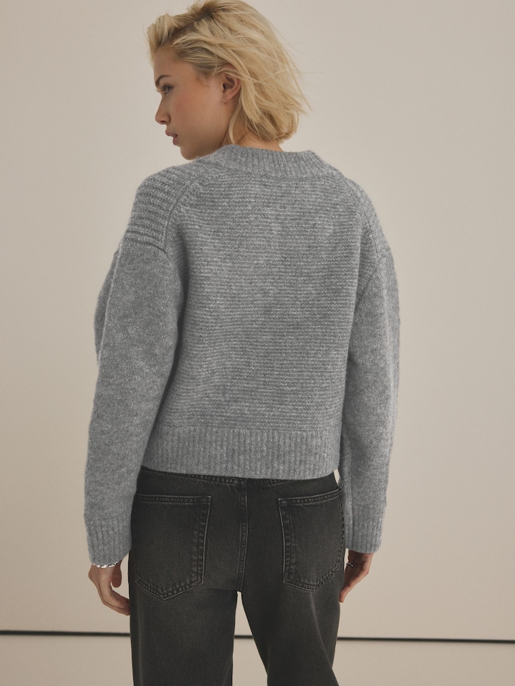 Grey Rib Knitted Zip Through Cardigan Bomber Jacket with Wool - Image 2 of 7
