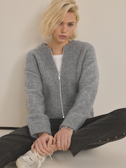 Grey Rib Knitted Zip Through Cardigan Bomber Jacket with Wool - Image 3 of 7