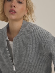 Grey Rib Knitted Zip Through Cardigan Bomber Jacket with Wool - Image 4 of 7