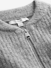 Grey Rib Knitted Zip Through Cardigan Bomber Jacket with Wool - Image 6 of 7
