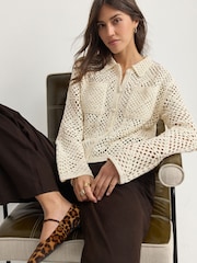 White Ecru Crochet Collared Knitted 100% Cotton Shacket Jacket - Image 1 of 8