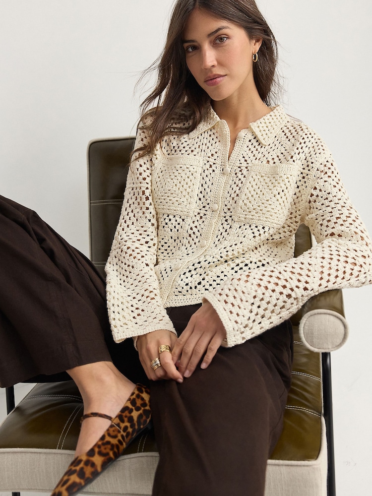 White Ecru Crochet Collared Knitted 100% Cotton Shacket Jacket - Image 1 of 8
