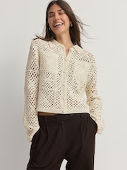 White Ecru Crochet Collared Knitted 100% Cotton Shacket Jacket - Image 2 of 8