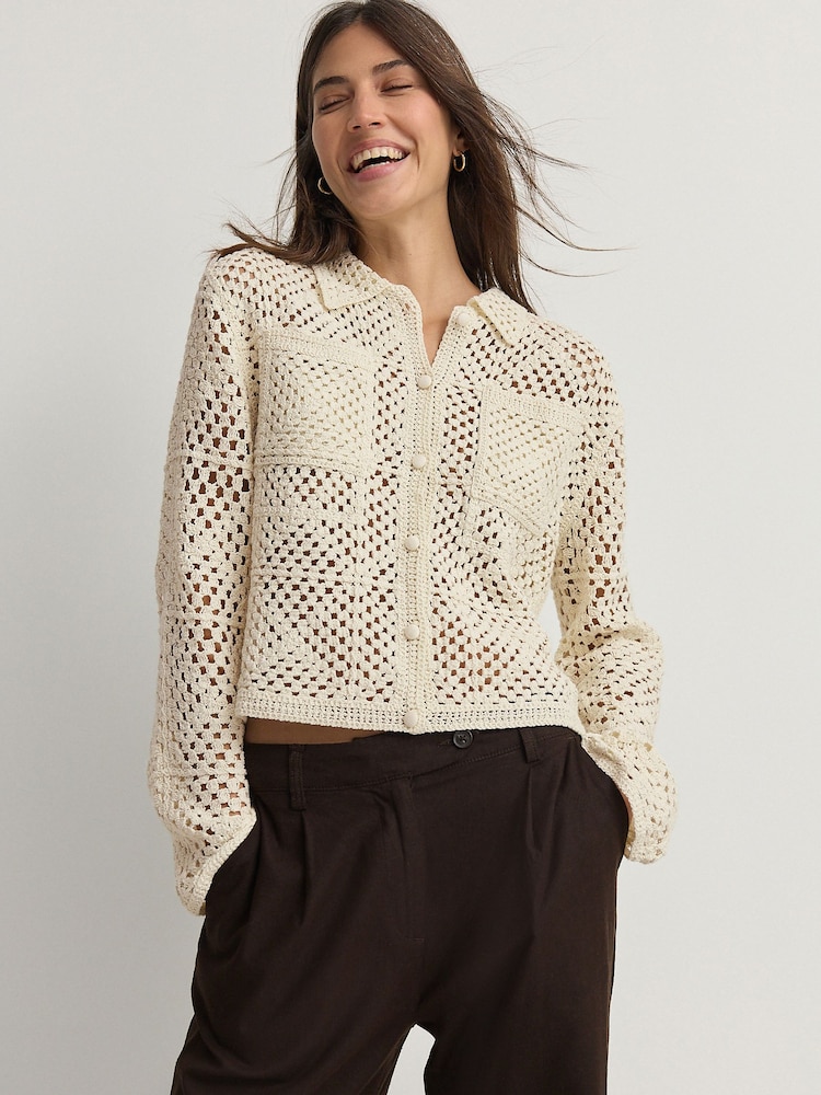 White Ecru Crochet Collared Knitted 100% Cotton Shacket Jacket - Image 2 of 8