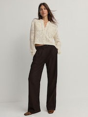 White Ecru Crochet Collared Knitted 100% Cotton Shacket Jacket - Image 3 of 8