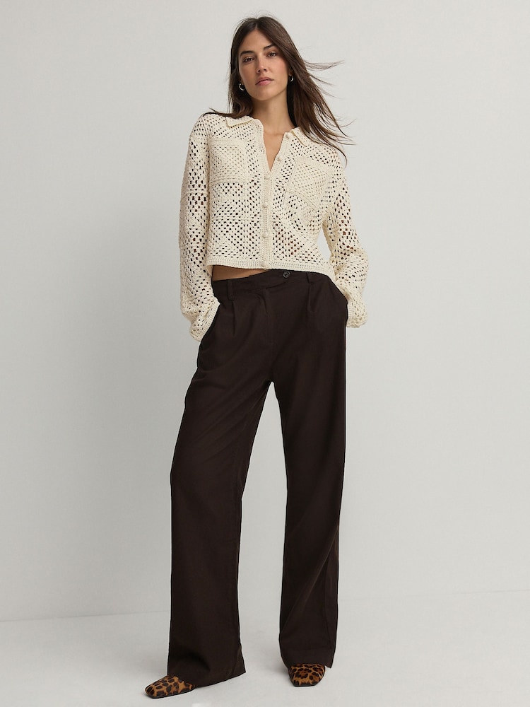 White Ecru Crochet Collared Knitted 100% Cotton Shacket Jacket - Image 3 of 8
