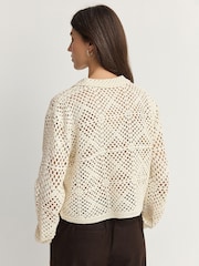 White Ecru Crochet Collared Knitted 100% Cotton Shacket Jacket - Image 5 of 8