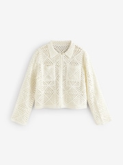 White Ecru Crochet Collared Knitted 100% Cotton Shacket Jacket - Image 6 of 8