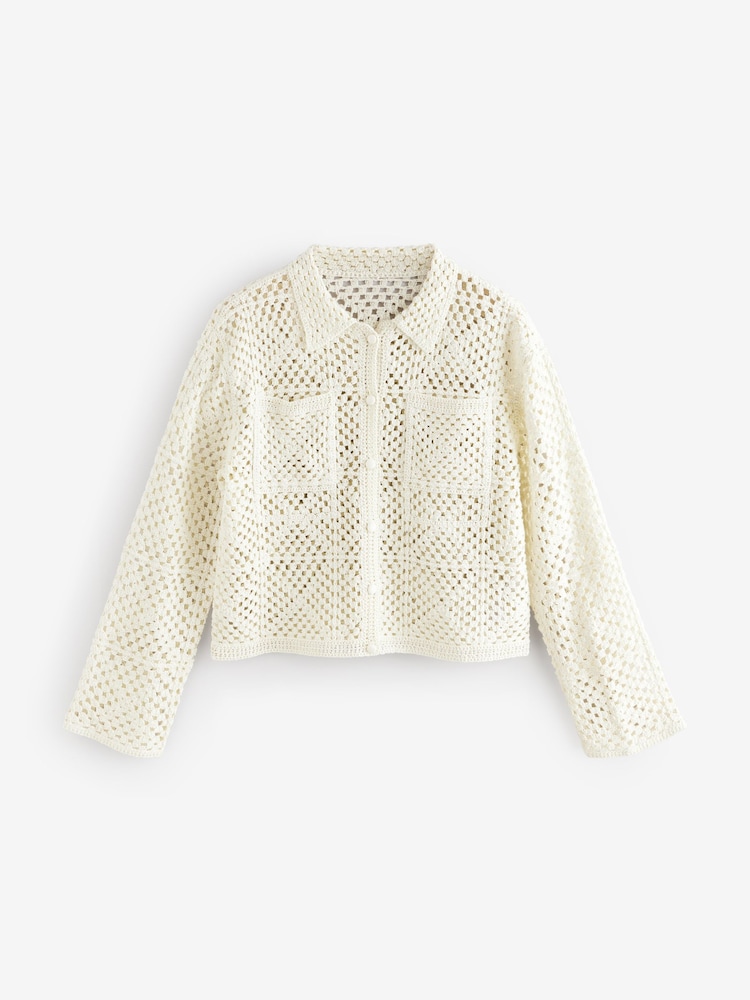 White Ecru Crochet Collared Knitted 100% Cotton Shacket Jacket - Image 6 of 8