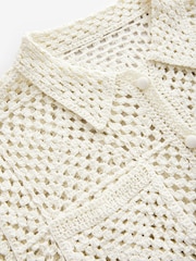 White Ecru Crochet Collared Knitted 100% Cotton Shacket Jacket - Image 7 of 8