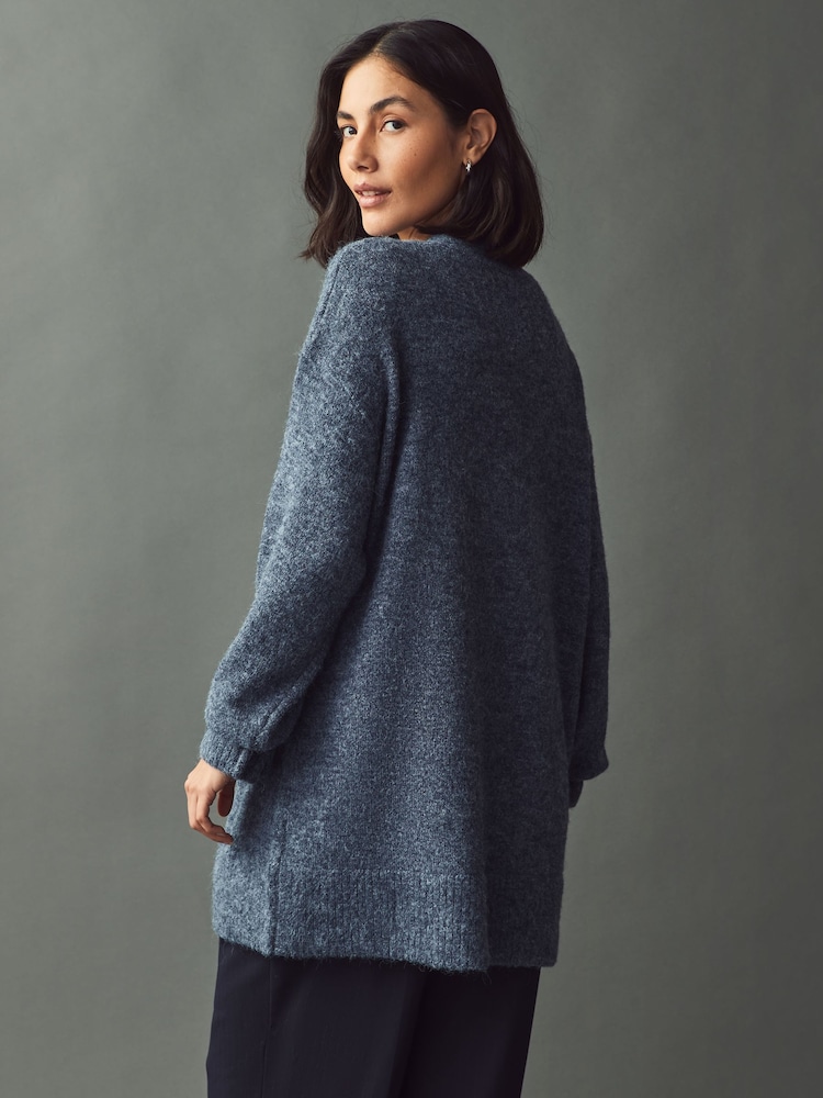 Chambray Blue Relaxed Fit Oversized Longline Button Knitted Cardigan - Image 3 of 7