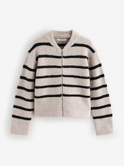 Neutral Stripe Rib Knitted Zip Through Cardigan Bomber Jacket with Wool - Image 2 of 7