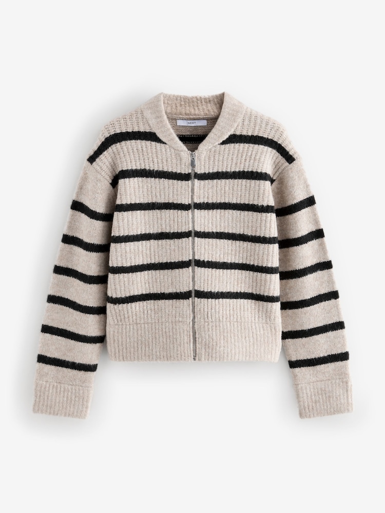 Neutral Stripe Rib Knitted Zip Through Cardigan Bomber Jacket with Wool - Image 2 of 7