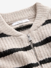 Neutral Stripe Rib Knitted Zip Through Cardigan Bomber Jacket with Wool - Image 3 of 7