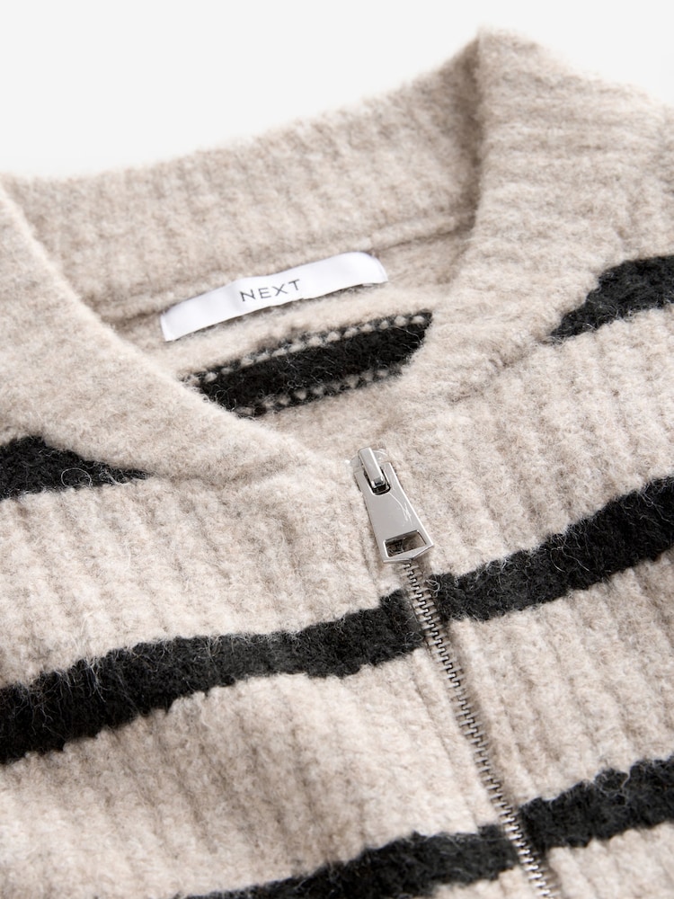 Neutral Stripe Rib Knitted Zip Through Cardigan Bomber Jacket with Wool - Image 3 of 7