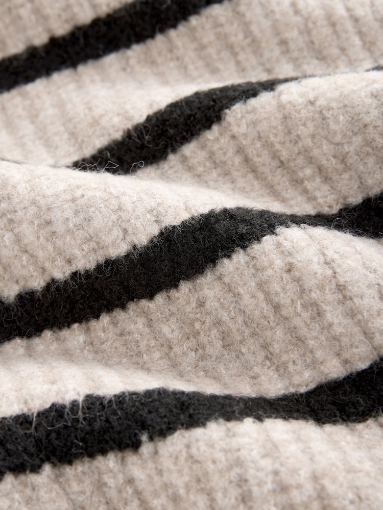 Neutral Stripe Rib Knitted Zip Through Cardigan Bomber Jacket with Wool - Image 4 of 7