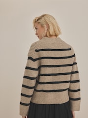 Neutral Stripe Rib Knitted Zip Through Cardigan Bomber Jacket with Wool - Image 5 of 7