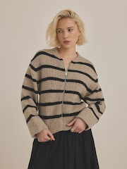 Neutral Stripe Rib Knitted Zip Through Cardigan Bomber Jacket with Wool - Image 6 of 7