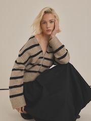 Neutral Stripe Rib Knitted Zip Through Cardigan Bomber Jacket with Wool - Image 7 of 7
