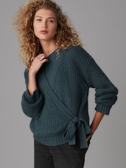 Blue Long Sleeve Deep V-Neck Wrap Cardigan with Wool - Image 1 of 7