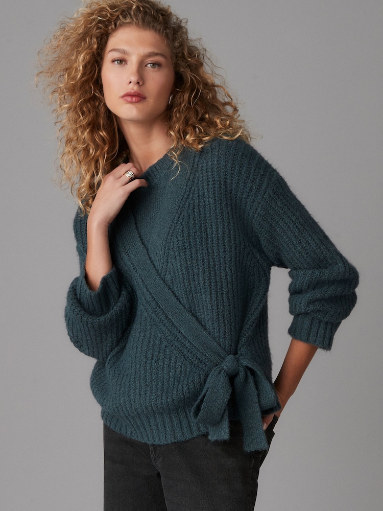 Blue Long Sleeve Deep V-Neck Wrap Cardigan with Wool - Image 1 of 7