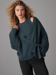 Blue Long Sleeve Deep V-Neck Wrap Cardigan with Wool - Image 2 of 7