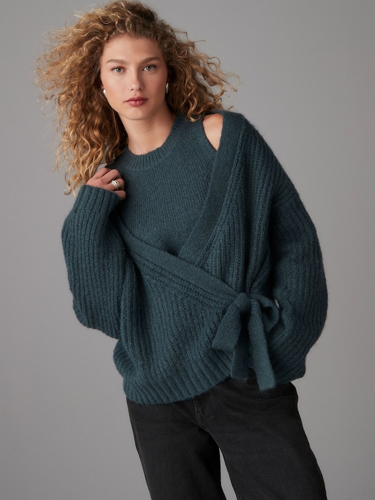Blue Long Sleeve Deep V-Neck Wrap Cardigan with Wool - Image 2 of 7