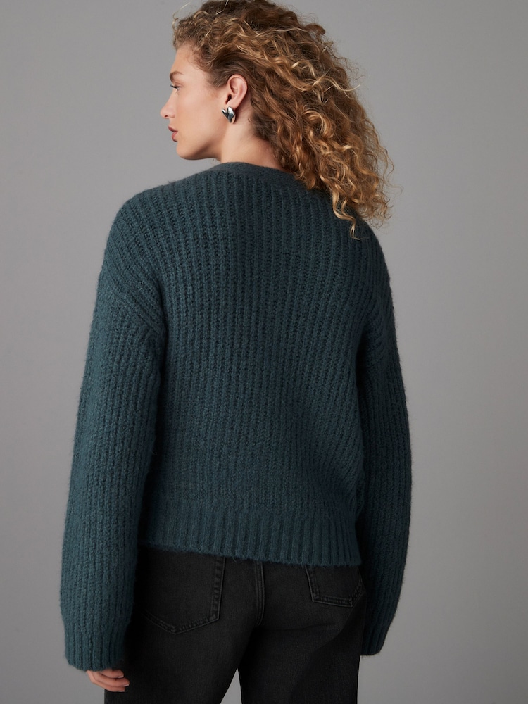 Blau - Long Sleeve Deep V-Neck Wrap Cardigan with Wool - Image 3 of 7