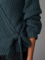Blue Long Sleeve Deep V-Neck Wrap Cardigan with Wool - Image 4 of 7
