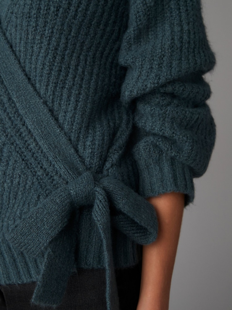 Blau - Long Sleeve Deep V-Neck Wrap Cardigan with Wool - Image 4 of 7