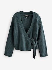 Blue Long Sleeve Deep V-Neck Wrap Cardigan with Wool - Image 5 of 7