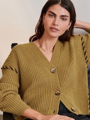 Olivno zelena - Contrast Stitch Button Up V-izrez; z V-izrezom pletena jopa - Slika 1 iz 8